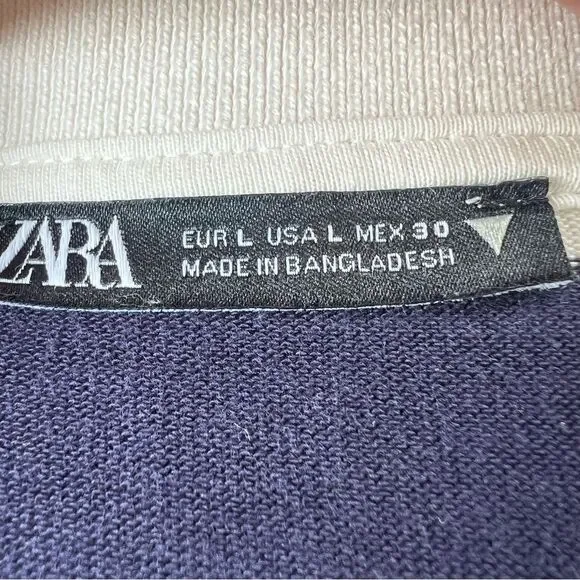 Zara Navy White Striped Long-Sleeve Cotton Rugby Preppy Polo Shirt Top SZ L - Picture 7 of 11